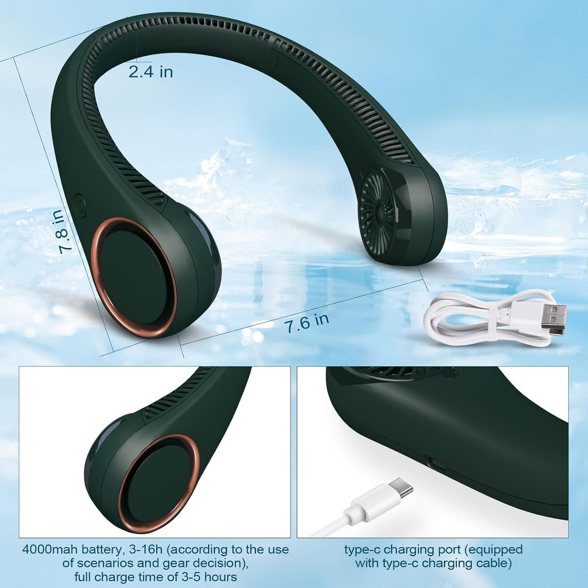 CIVPOWER Neck Fan: Portable Personal Neck Cooling Rechargeable Bladeless Fan - Hands Free 3 Speed 4000 mAh Battery USB Operated Wearable Headphone Design - Gift for Men Women Outdoor (White)