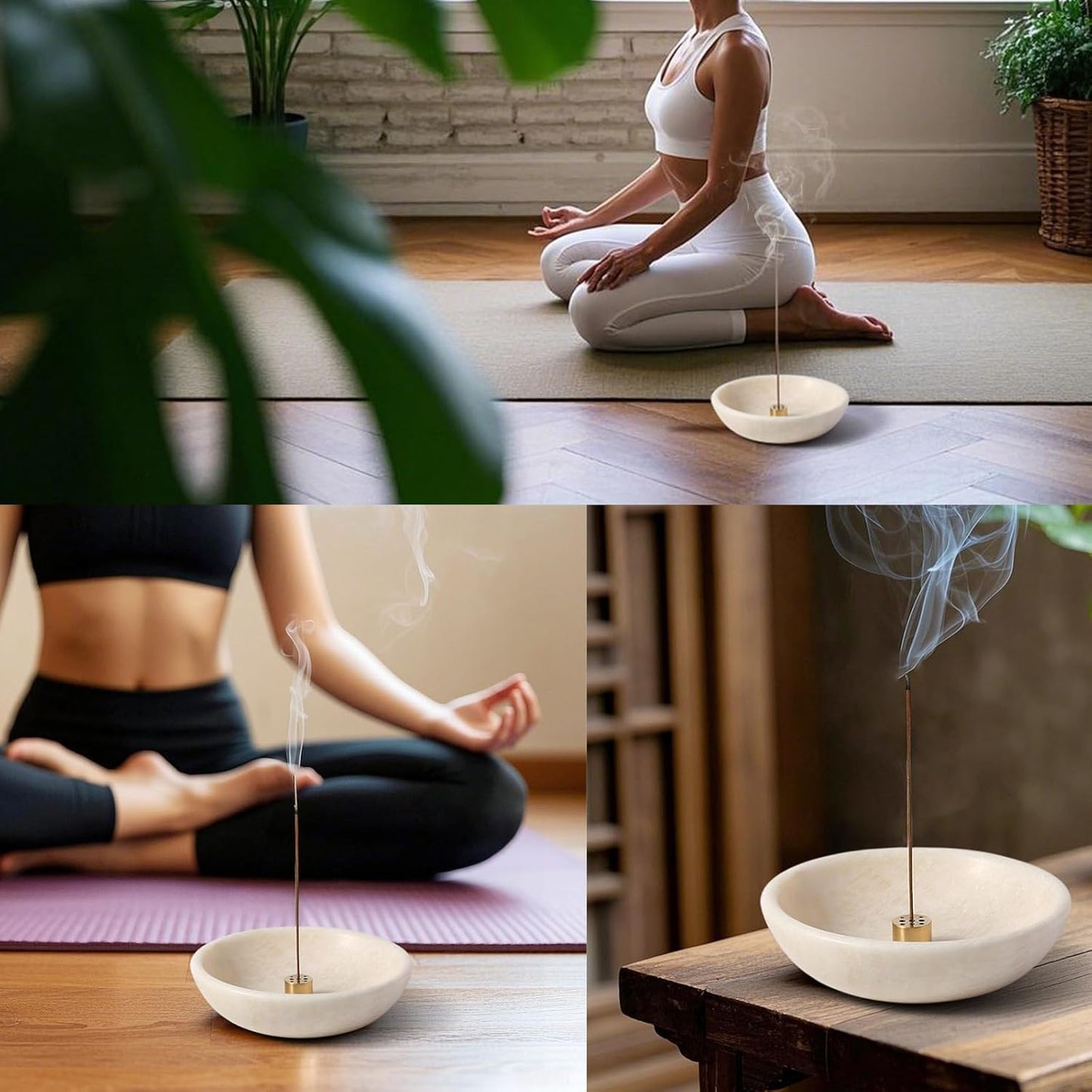 Koville Natural Marble Incense Holder, Incense Holder for Sticks with 9 Holes, Handmade Incense Burner Ash Catcher for Meditation Yoga SPA, Balsam Fir/Palo Santo/Sage/Cone (White)