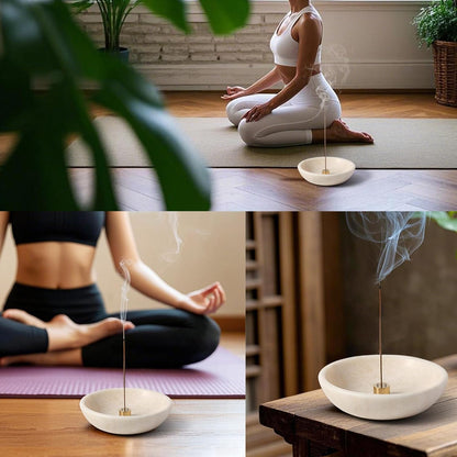 Koville Natural Marble Incense Holder, Incense Holder for Sticks with 9 Holes, Handmade Incense Burner Ash Catcher for Meditation Yoga SPA, Balsam Fir/Palo Santo/Sage/Cone (White)