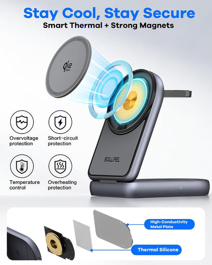 25W 3-in-1 Wireless Charging Station, Foldable MagSafe Charger
