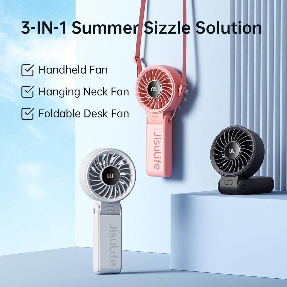 JISULIFE Portable Handheld Fan Life7: 3-in-1 Hand, Desk & Neck Fan-Black