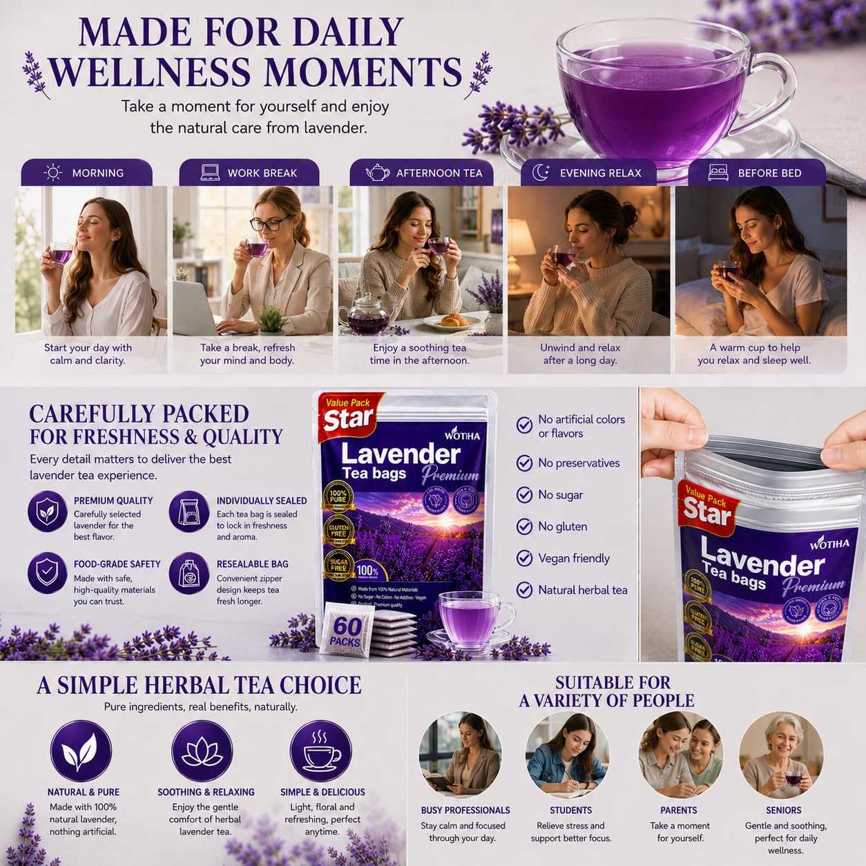 WOTIHA 60 Count Premium Chamomile Lavender Tea Bags - 100% Pure Flowers, Soothing Aroma, Supports Relaxation & Better Sleep, Caffeine-Free, Additive-Free, Sugar-Free, Vegan.Non-GMO