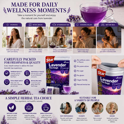 WOTIHA 60 Count Premium Chamomile Lavender Tea Bags - 100% Pure Flowers, Soothing Aroma, Supports Relaxation & Better Sleep, Caffeine-Free, Additive-Free, Sugar-Free, Vegan.Non-GMO