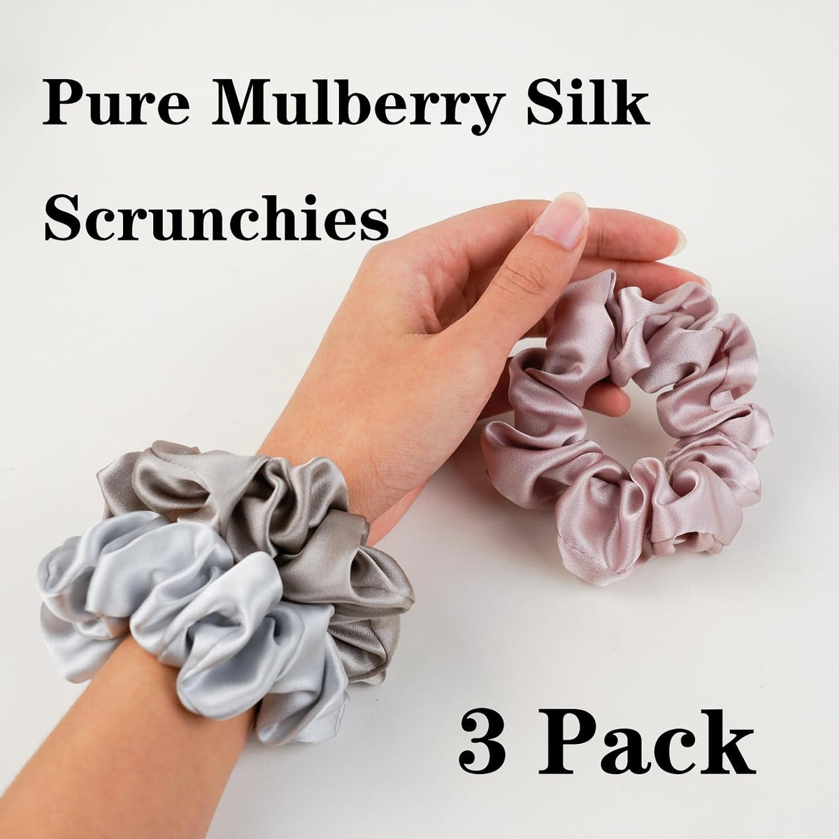 Silk Scrunchies for Hair 100% Mulberry Silk Hair Ties 3 Pack(Black, Navy Blue, Emerald)