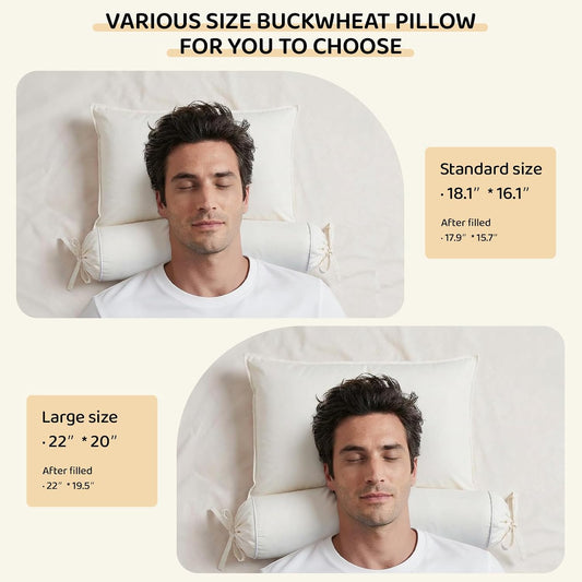 LOFE® Buckwheat Pillow - 3 Point Support Buckwheat Hull Pillow for Less Pain, 2IN1 Tartary Buckwheat Neck Roll Pillow for Best Support, Adjustable Cervical Neck Pillow with Organic Cotton Pillowcase
