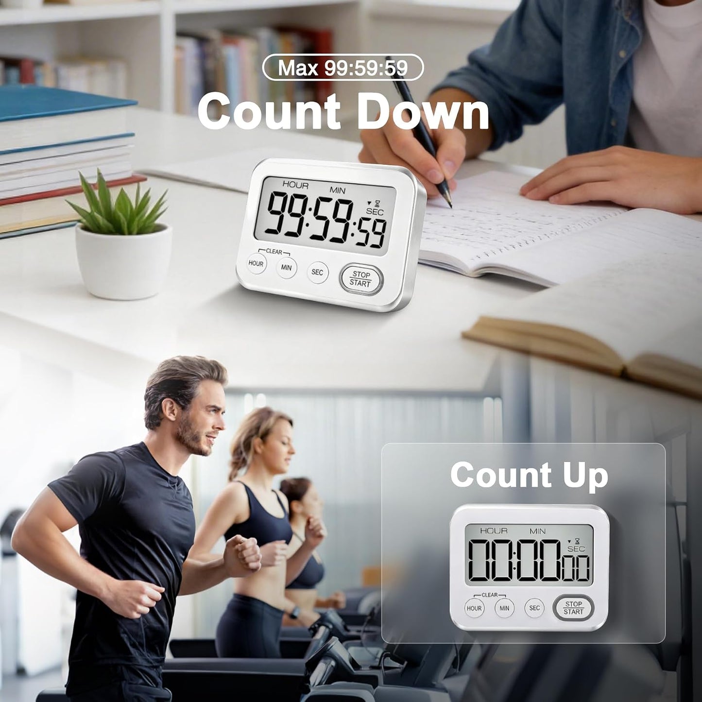 Digital Kitchen Timer Magnetic Loud Alarm, Large LCD Screen Silent/Beeping Multi-Function for Teachers Classroom Kids, Black