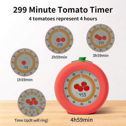 Tomato Visual Timer for Kids, 299 Minute Cute Pomodoro Countdown Timer, Kitchen Cooking Helper Timer with Pause Function, Clock and Alarm, Digital Timer for Classroom, Office and Meetings
