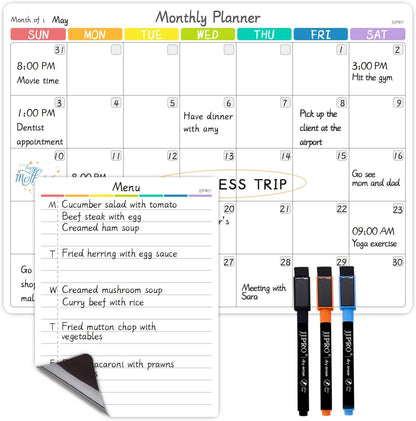 JJPRO Magnetic Monthly Calendar Whiteboard Set for Fridge-Monthly Planning Board and Two Bonus Dry Erase Grocery Board&Weekly Menu Board-Meal Planner Whiteboard/to-Do List-6 Markers