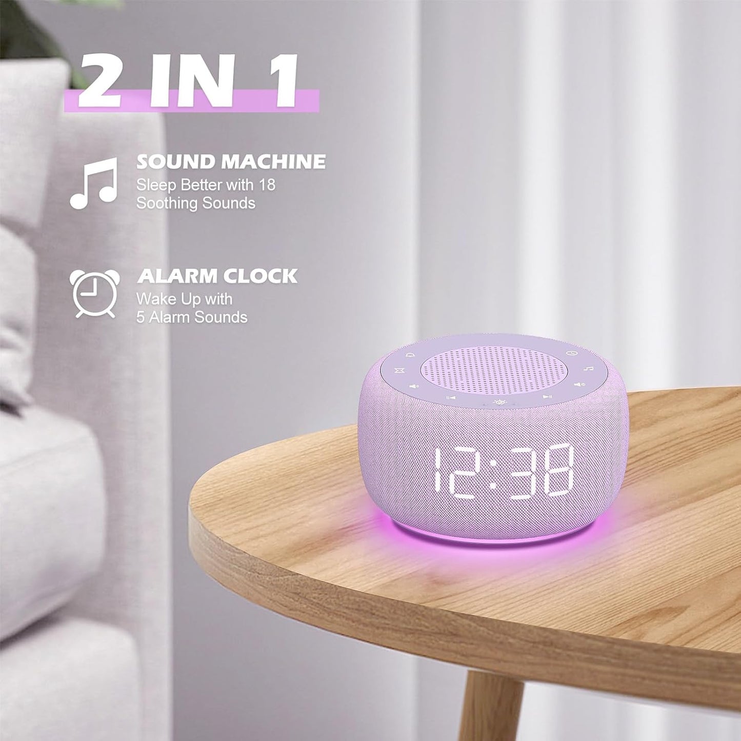 Buffbee Alarm Clock with Sound Machine for Bedrooms – 2-in-1 White Noise Machine for Sleep, Gentle Wake-Up with Soft Alarm Sounds, Ambient Night Light, Plug-in, Sleep Better, Wake Gently