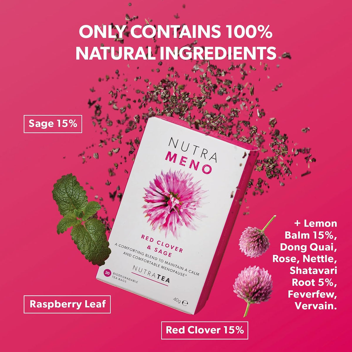 Nutra Tea NutraMeno - Menopause Tea, Red Clover Tea - Perimenopause & Menopause Relief For Women - Includes Red Clover, Sage & Rose - 20 Individually Wrapped Bags - Herbal Infusion (1 Pack)