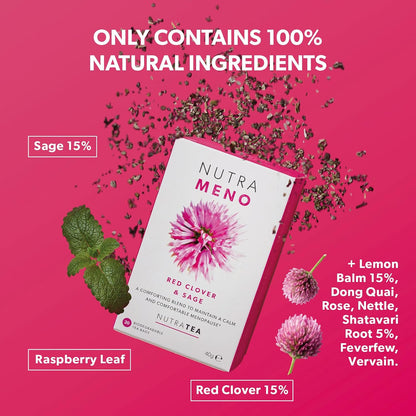 Nutra Tea NutraMeno - Menopause Tea, Red Clover Tea - Perimenopause & Menopause Relief For Women - Includes Red Clover, Sage & Rose - 20 Individually Wrapped Bags - Herbal Infusion (1 Pack)