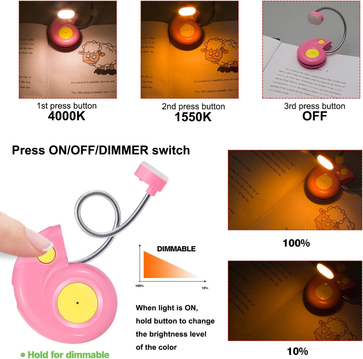 Kids Rechargeable Book Light, Clip on Reading Light for Kid, Kids Reading Lights, Amber Book Light for Reading in Bed, 2 Lighting Modes, Blue Light Blocking, Bookmark Light for Bookworms-Pink
