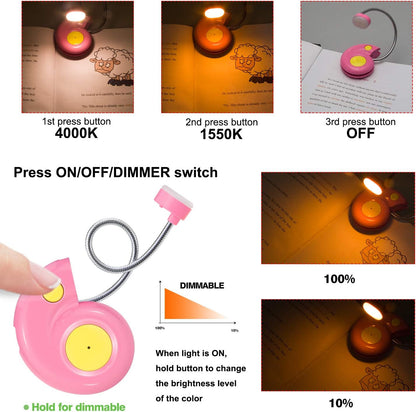 Kids Rechargeable Book Light, Clip on Reading Light for Kid, Kids Reading Lights, Amber Book Light for Reading in Bed, 2 Lighting Modes, Blue Light Blocking, Bookmark Light for Bookworms-Pink