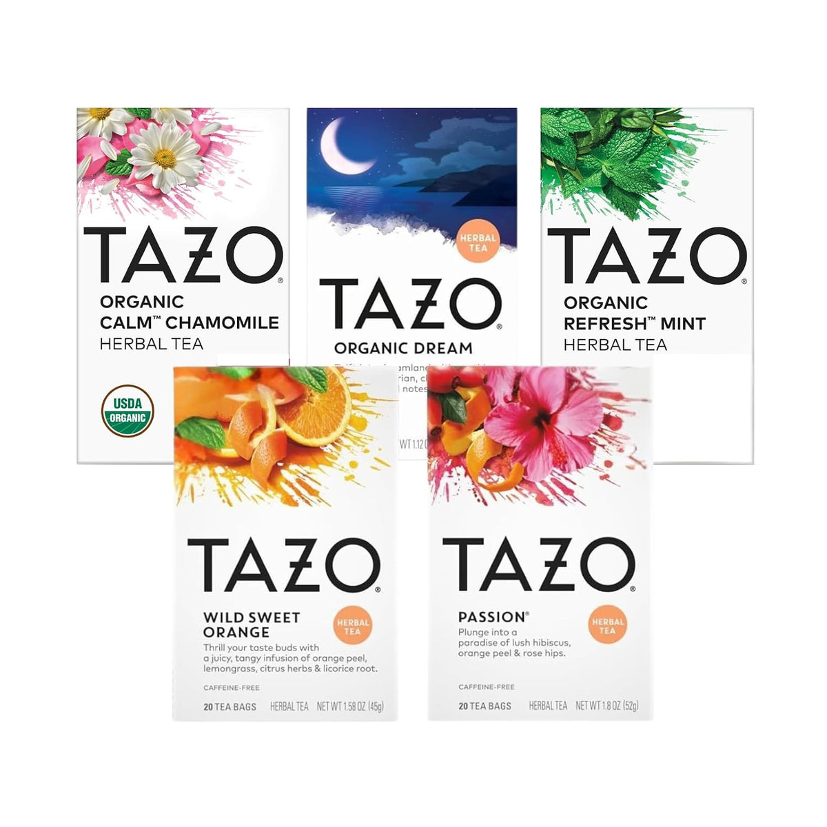TAZO Organic Herbal Tea Variety Pack for Relaxation, Wellness and Daily Tea Enjoyment, Calm Chamomile, Dream, Refresh Mint, Wild Sweet Orange and Passion Herbal Tea (Variety Pack)