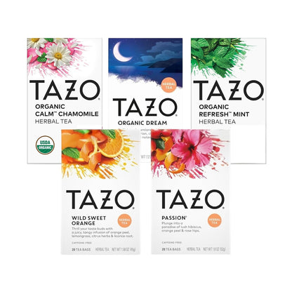 TAZO Organic Herbal Tea Variety Pack for Relaxation, Wellness and Daily Tea Enjoyment, Calm Chamomile, Dream, Refresh Mint, Wild Sweet Orange and Passion Herbal Tea (Variety Pack)