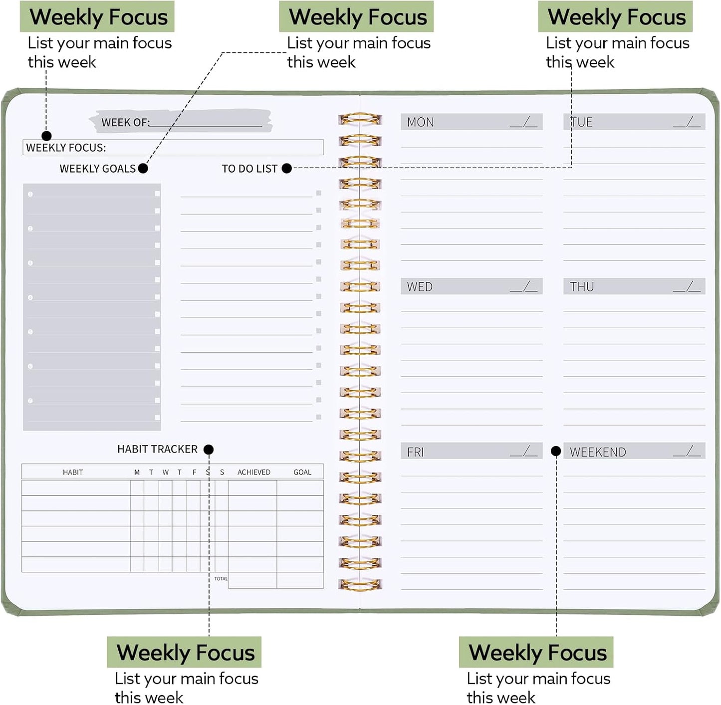 Undated Weekly Planner with Habit Tracker, 52 Weeks To Do List Notebook A5 Weekly Goal Planner with Spiral Binding & Stickers Home Work School Supplies for Women Girls 8.2" x 5.7" - Pink