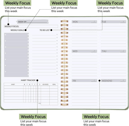 Undated Weekly Planner with Habit Tracker, 52 Weeks To Do List Notebook A5 Weekly Goal Planner with Spiral Binding & Stickers Home Work School Supplies for Women Girls 8.2" x 5.7" - Pink
