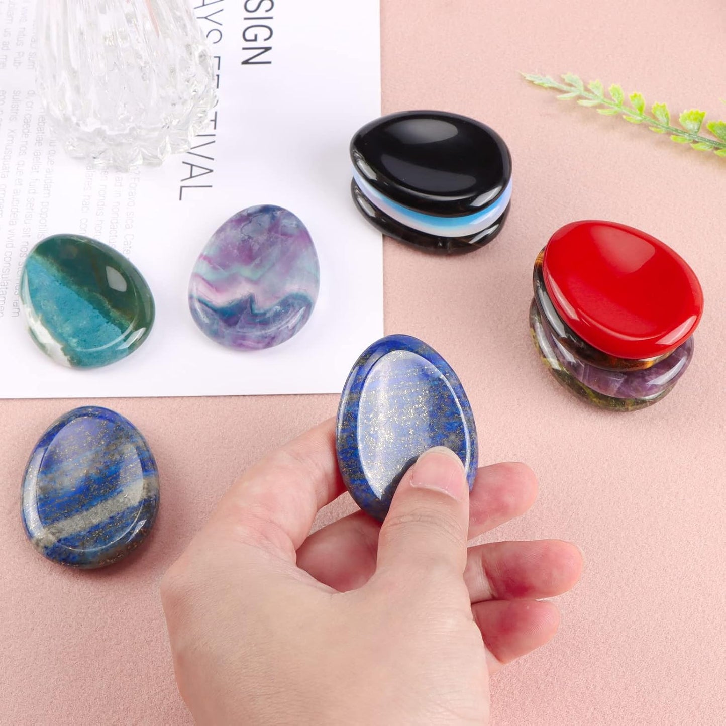 Artistone Moss Agate Crystal Chakra Thumb Worry Stone Teardrop Reiki Healing Stone Pocket Palm Stones for Anxiety Stress Relief Meditation Therapy Geometry Home Decor