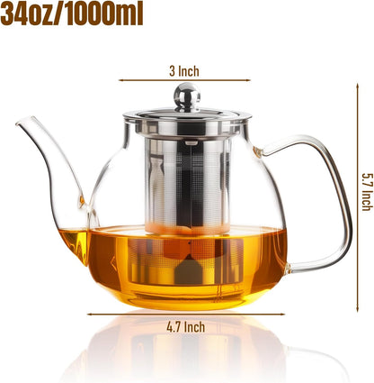 PARACITY Glass Teapot Stovetop 40 OZ/1200ml, Borosilicate Clear Tea Kettle with Removable 18/8 Stainless Steel Infuser, Teapot Blooming and Loose Leaf Tea Maker Tea Brewer for Camping, Travel