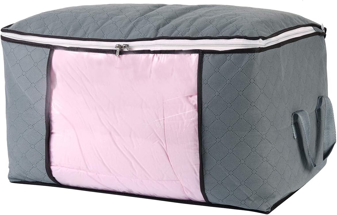 combocube Comforter Storage Bag, Zippered Bag with Large Clear Window and Carry Handles, Space Saver Organizers for Closet, Blanket, Pillow, Quilt, Bedding, Clothes (Grey Large)