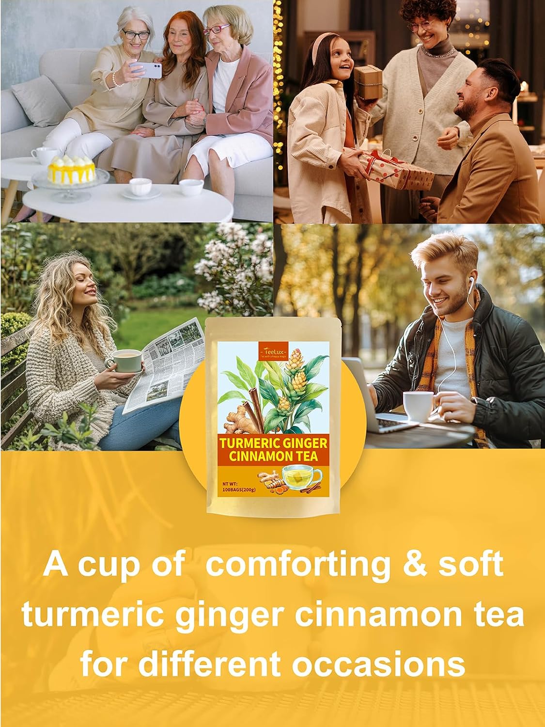 TeeLux Turmeric Ginger Cinnamon Tea Bags, Warm Spicy Herbal Tea, 100 Count