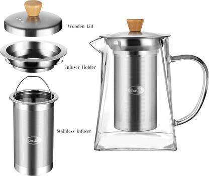 CNGLASS Glass Teapot with Infuser,31oz Clear Glass Tea Kettle with Removable Stainless Steel Strainer,Stovetop Safe Glass Teapot for Blooming and Loose Leaf Tea…