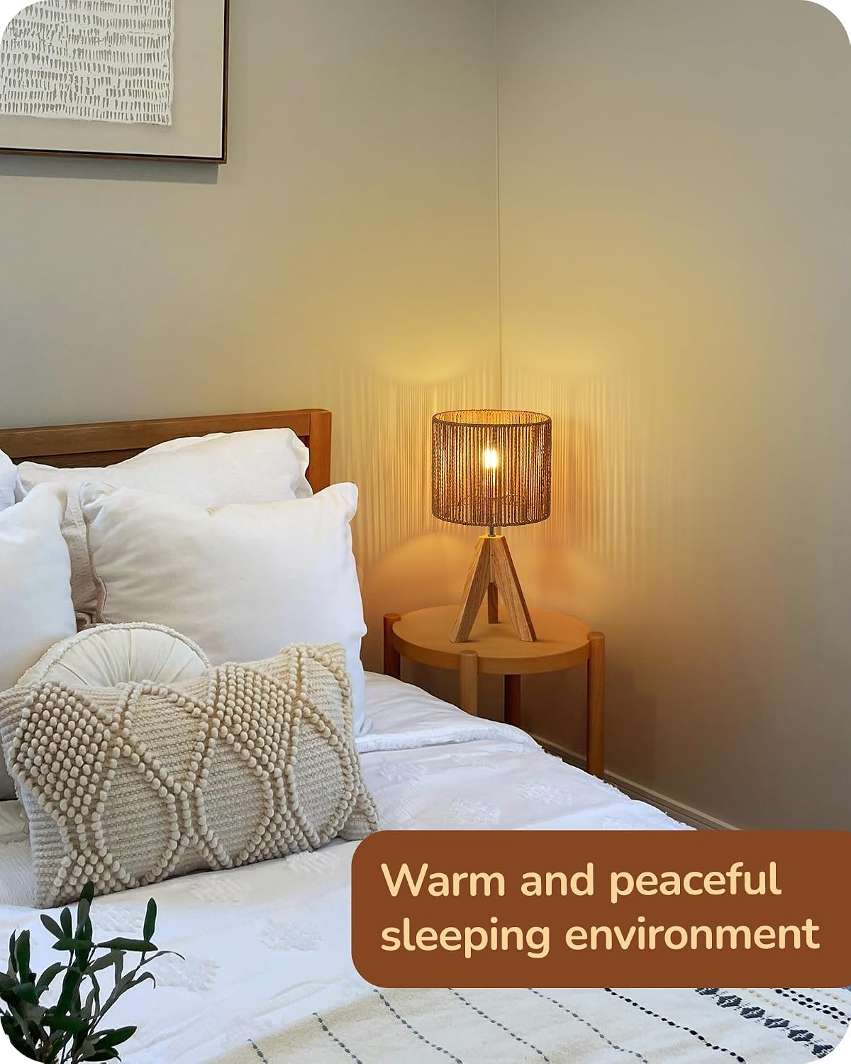 EDISHINE Tripod Table Lamp, Small Cute Bedside Lamp with Linen Beige Lampshade, Nightstand Lamp for Nursery, Bedroom, Kid Room, Living Room, Light Brown Wooden Base, E26 Socket, 14.2 Inch