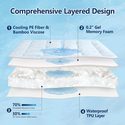 DOWNCOOL 100% Waterproof King Mattress Topper, Cooling Pillow Top Memory Foam Mattress Topper for Hot Sleepers, Viscose Derived from Bamboo, Deep Pocket Fits 8-21 Inch