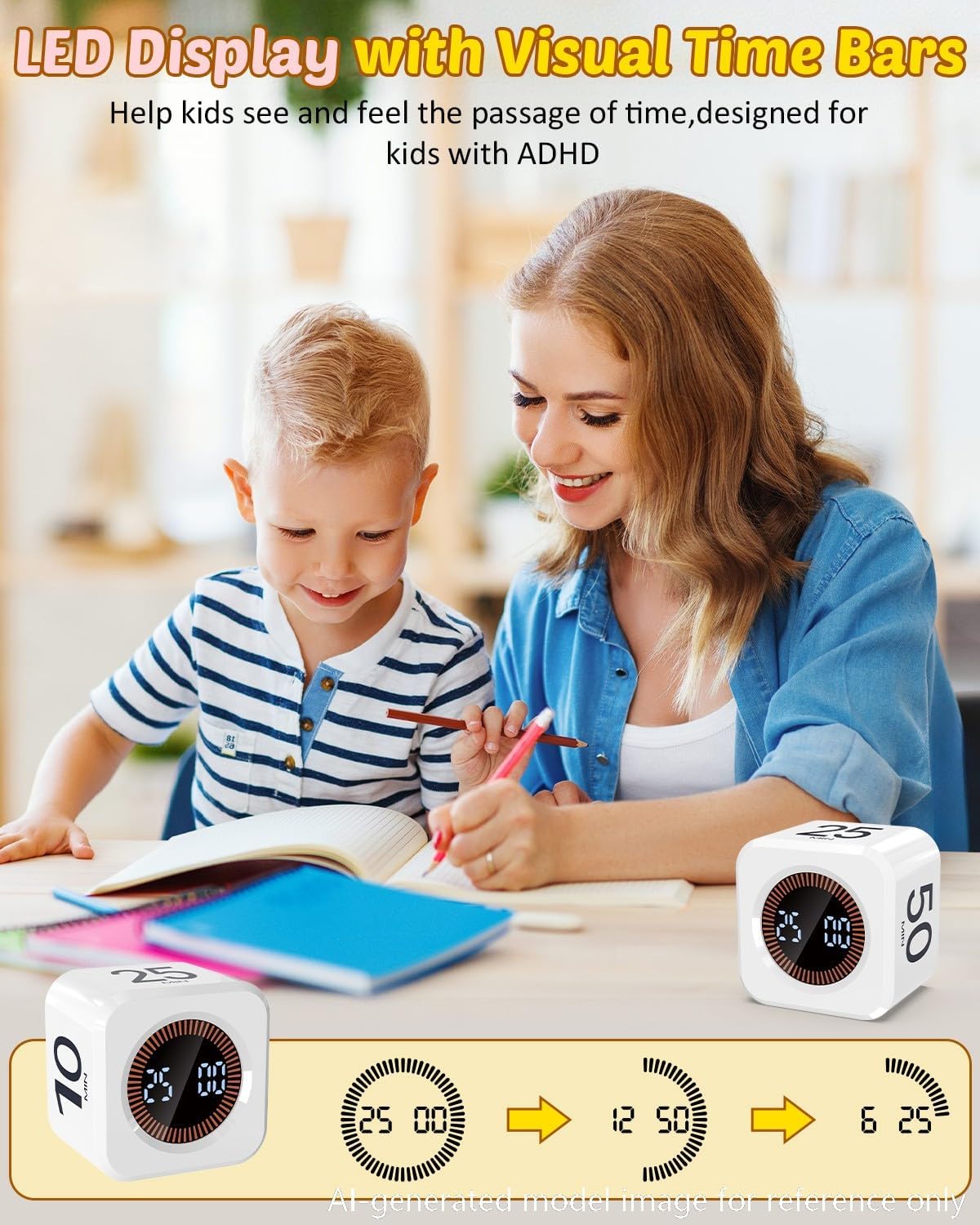 Digital Pomodoro Timer Cube 5/10/25/50min, Visual Productivity Flip Timer for Kids Classroom Desk, Custom Countdown, Silent and Sound Mode for ADHD Study Work Game Kitchen (Orange)