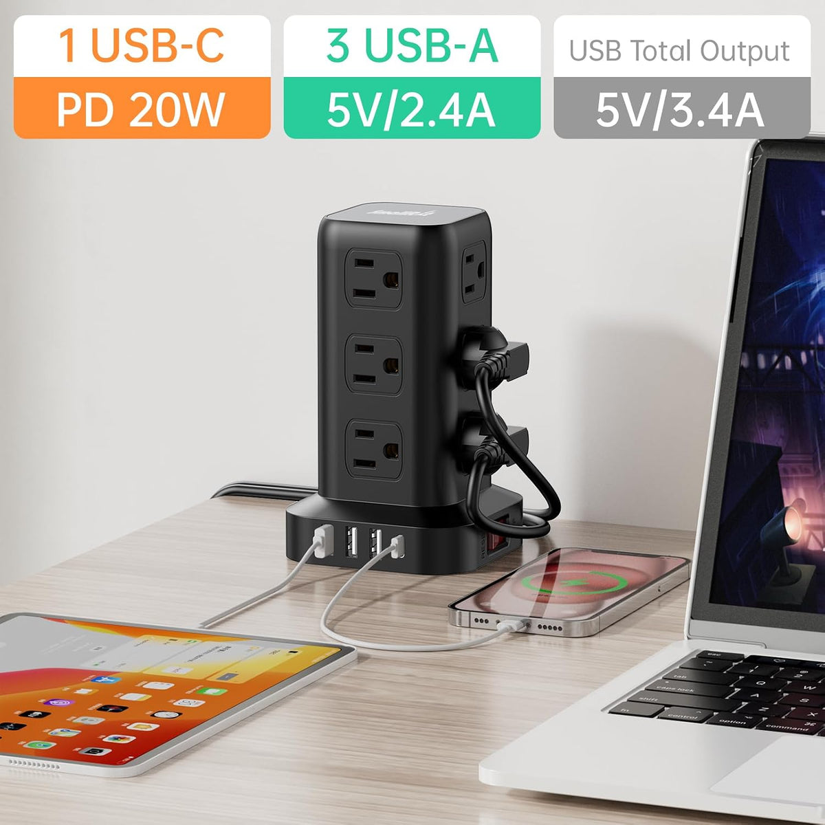 Extension Cord with Multiple Outlets, SMALLRT Power Strip Tower, Outlet Extender with 12 AC Outlets 4 USB, 6.5FT Extension Cord for Home Dorm Room, Office Supplies,Overload Protection