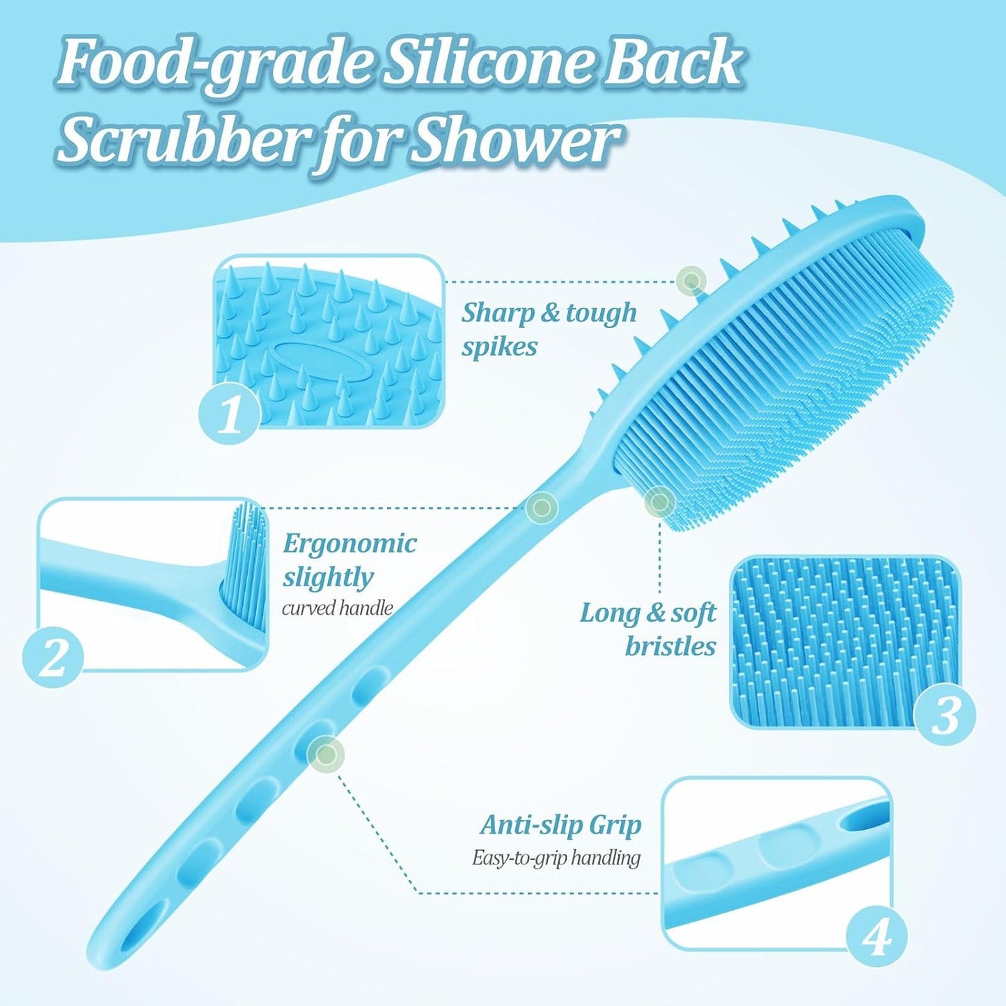 Silicone Back Scrubber & Bath Glove Set 2PCS, 13.4'' Gentle Shower Back Scrubber with Dual-Side Head Non-Slip Handle, 360° Anti-Slip Hand-fit Bath Glove for Rich Foaming Deep Cleaning(Black)