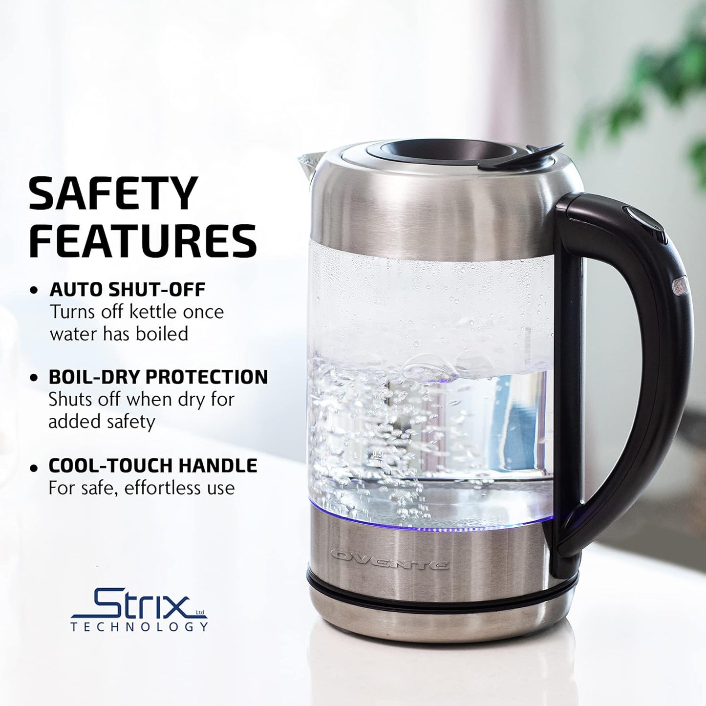 OVENTE Electric Kettle, 1.8L Glass Tea Kettle & Stainless Steel BPA-Free Cordless Electric Kettle, 1500W Fast Boil Electric Pot with Easy-Fill Lid, Auto Shut-Off & Boil Dry Protection, Silver KG751S