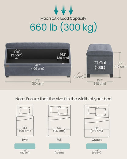 SONGMICS Storage Ottoman Bench, Foot Rest with Legs, 15.7 x 43.3 x 15.7 Inches, End of Bed Bench, Storage Chest, Load up to 660 lb, for Living Room, Bedroom, Entryway, Dark Gray ULSF088G01