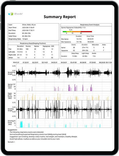 EMAY Sleep Breathing Monitor for Airflow Tracking | Record Breathing Continuously On the App | Monitor Sleep Quality and Respiratory Events | Generate Professional Sleep Report with Data Analysis