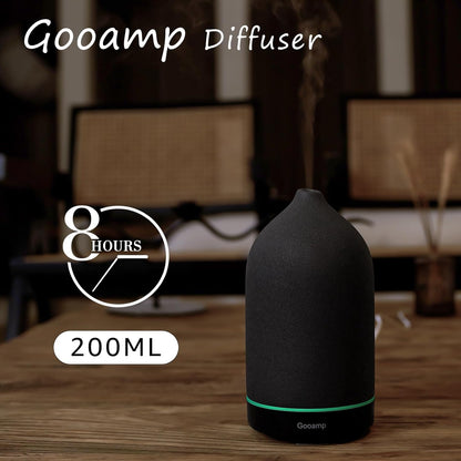 Gooamp 200ML Ceramic Essential Oil Diffuser for Home - Ultrasonic Aromatherapy Diffuser Humidifier with 7 Color LED Lights, Auto Shut-Off, 3 Timers for Bedroom, Office, Yoga, Black