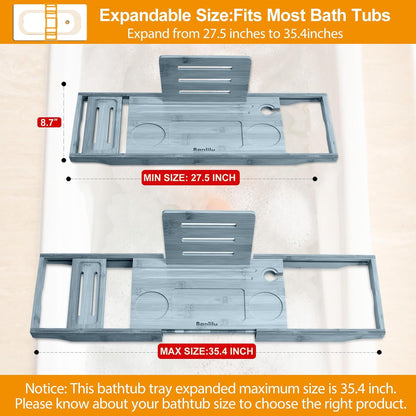 Premium Bamboo Bathtub Tray Caddy - Bath Tub Tray Table for Bathtub - Bath Caddy Tray for Bathtub, Expandable Size, Fits Most Bath Tubs