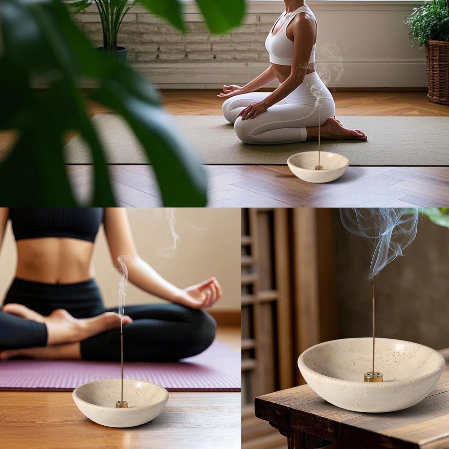 Koville Natural Marble Incense Holder, Incense Holder for Sticks with 9 Holes, Handmade Incense Burner Ash Catcher for Meditation Yoga SPA, Balsam Fir/Palo Santo/Sage/Cone (White)
