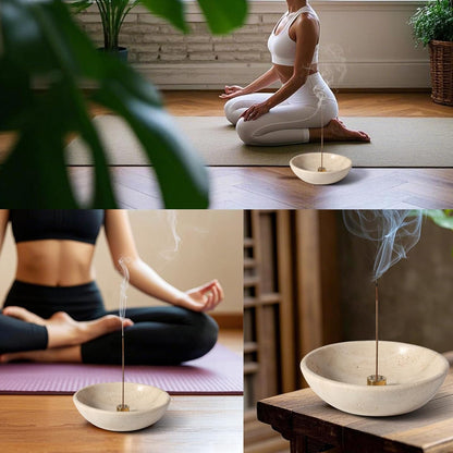Koville Natural Marble Incense Holder, Incense Holder for Sticks with 9 Holes, Handmade Incense Burner Ash Catcher for Meditation Yoga SPA, Balsam Fir/Palo Santo/Sage/Cone (White)