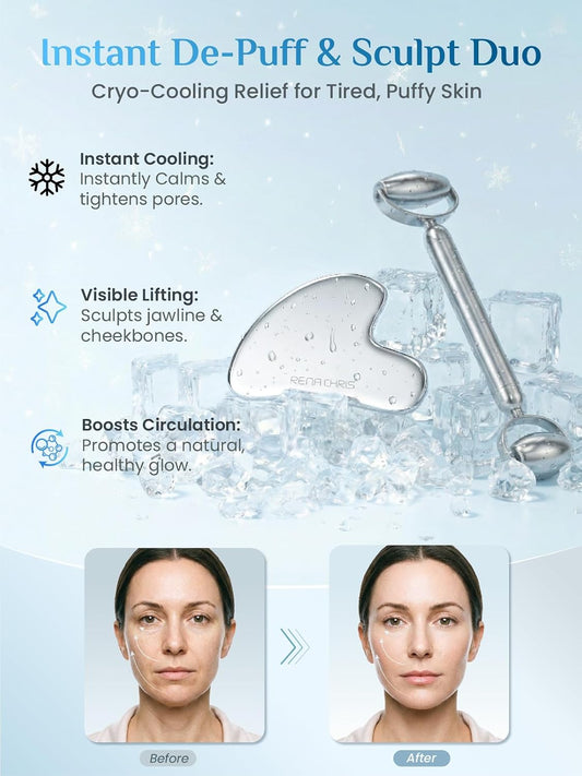 Rena Chris Gua Sha and Face Roller Set: Anti-Breakage Stainless Steel Roller for Long-Lasting Use, Jawline Sculpting and Puffiness Reducing, Gua Sha Facial Tools for Self Care Gift (Silver)