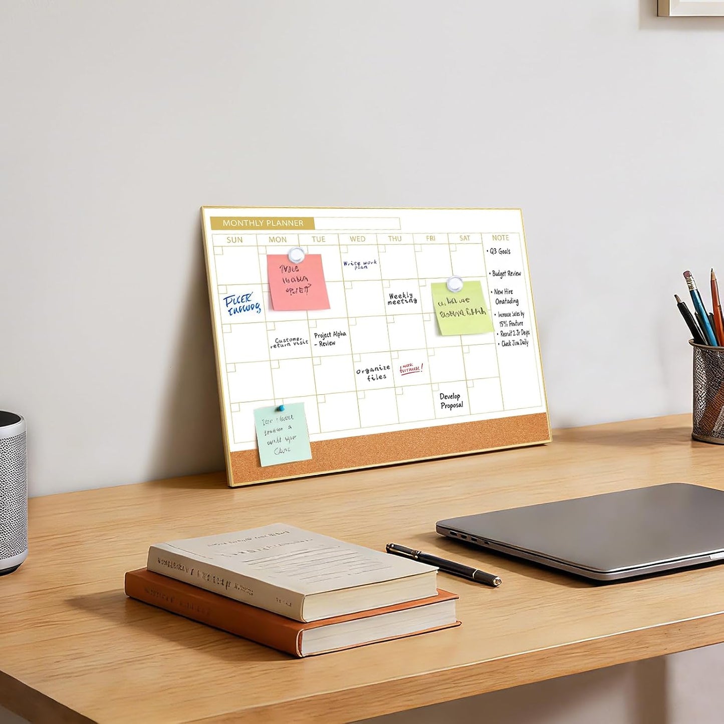 ARCOBIS Dry Erase Calendar with Cork Board for Wall, 24"x 18" Magnetic Calendar Whiteboard with Black Frame, Monthly Combination Board for School, Home, Office