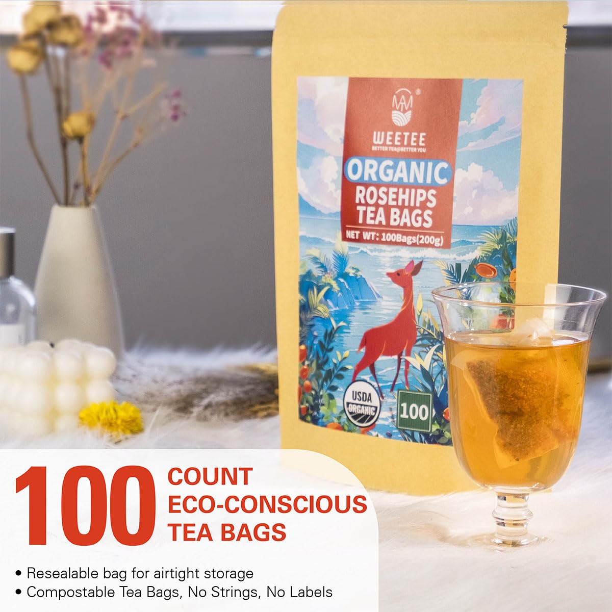 WT WEETEE Organic Rosehips Tea Bags, Made with 100% Natural & Pure Crushed Rose Hips, Natural Caffeine-free Herbal Tea 2g x 100 Counts