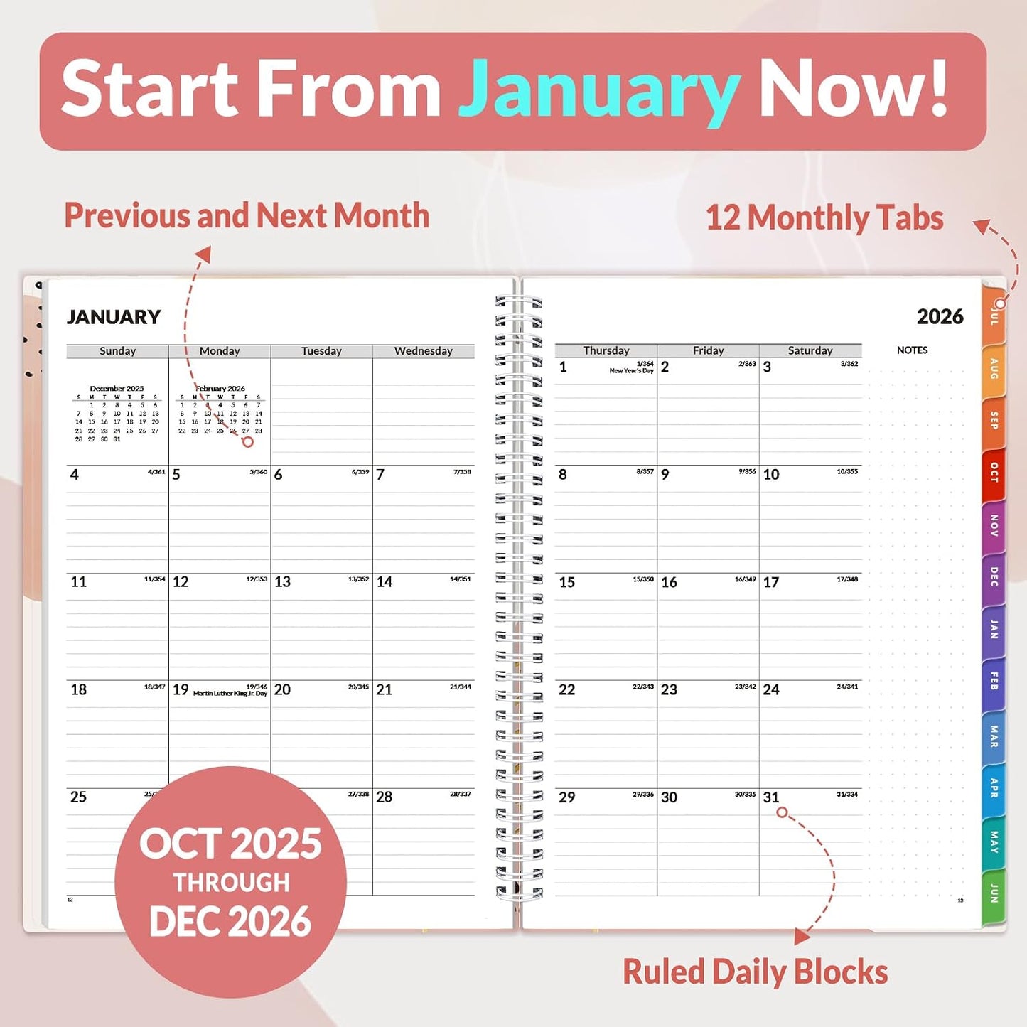 SUNEE Academic Planner 2026-2027 – Weekly & Monthly Planner, July 2026 to June 2027, 6.4"x8.3", Thick Paper, Tabs, Pockets, Bookmark, Spiral-Bound, Student Teacher Organizer, Black