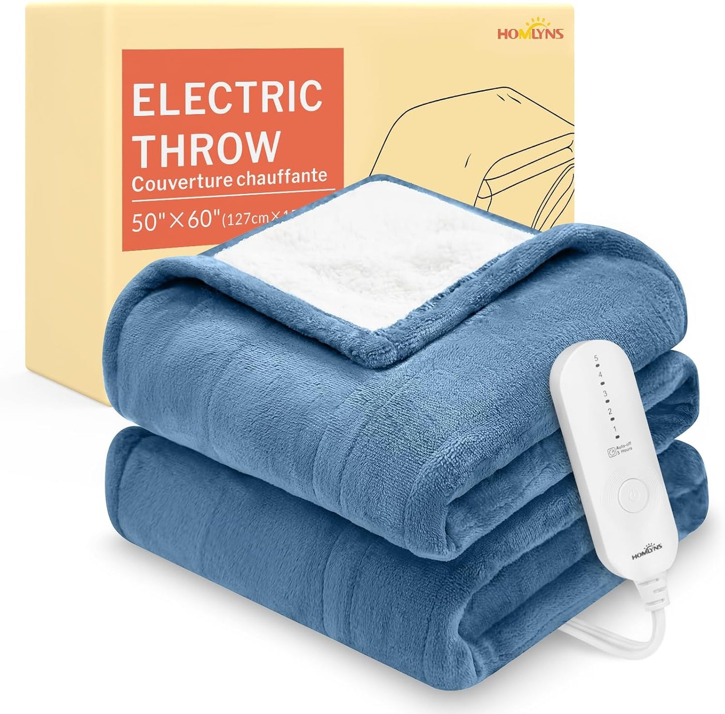 HOMLYNS LuxeHeat Heated Blanket Electric Blanket, Soft Flannel Sherpa Heated Throw, Heating Blanket with 5 Heat Settings, 3 hrs Timer Auto Shut Off (50x60 inches, Purple), Only for 120V Voltage Use