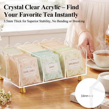 Acrylic Tea Bag Organizer, 6 Spacious Compartments Tea Bag Holder, Clear Scalloped Edge with Gold Accent Feet, Tea Storage Box for Countertop, Pantry, Cabinet, Sugar Packets