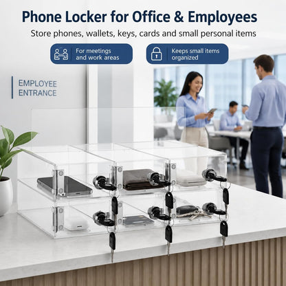 YOUNTHYE 6 Slot Cell Phone Locker, Clear Acrylic Phone Lock Box with Individual Keys, Wall Mounted Phone Storage Cabinet for Classroom, Office, Employees, Meetings and Small Teams