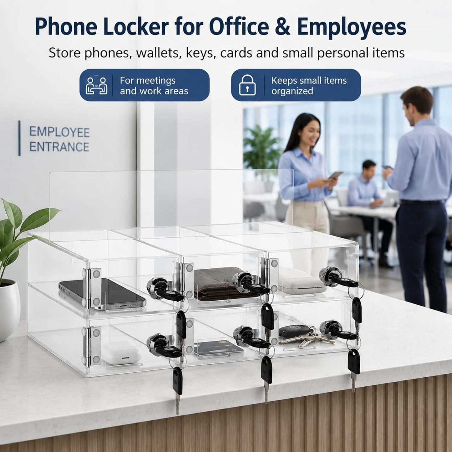 YOUNTHYE 6 Slot Cell Phone Locker, Clear Acrylic Phone Lock Box with Individual Keys, Wall Mounted Phone Storage Cabinet for Classroom, Office, Employees, Meetings and Small Teams