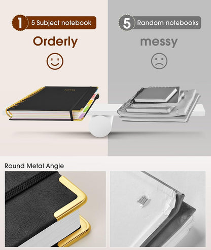 Hardcover Spiral Notebook journal with Removable Dividers Tabs, 300 Pages Leather 5 Subject Notebook College Ruled, 8"x10" Large B5 Notebooks for Work School Note taking, Lined Journal for Women,Black
