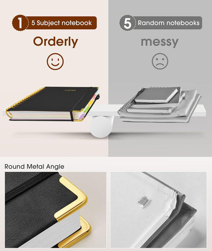Hardcover Spiral Notebook journal with Removable Dividers Tabs, 300 Pages Leather 5 Subject Notebook College Ruled, 8"x10" Large B5 Notebooks for Work School Note taking, Lined Journal for Women,Black
