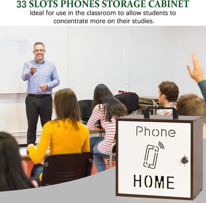Wooden Phone Lock Box,Adjustable 33 Slots Cell Phone Holder Classroom