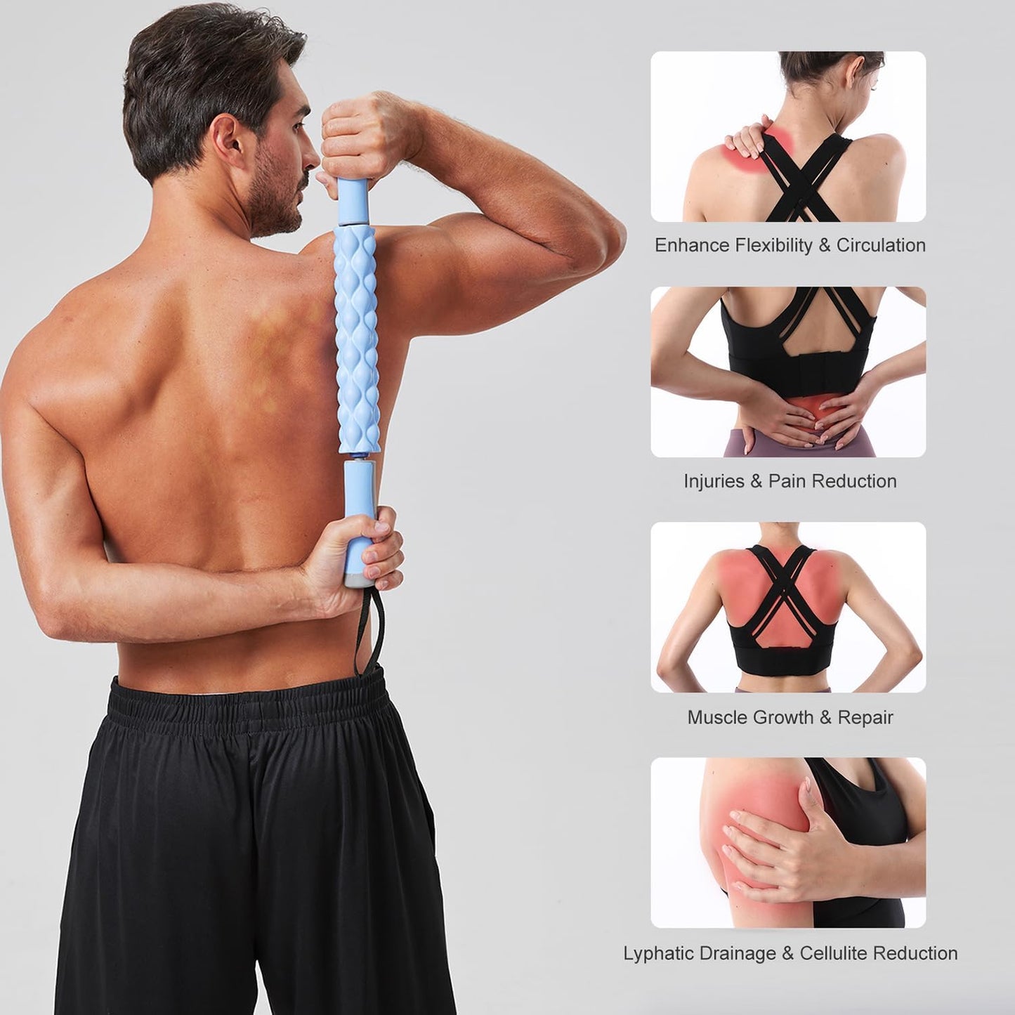 Muscle Roller Massage Roller Stick- Deep Tissue Fascia Blaster for Myofascial Pain Relief, Lymphatic Drainage & Body Sculpting, Handheld Physical Therapy & Recovery Tool (Pink black-18 inch)